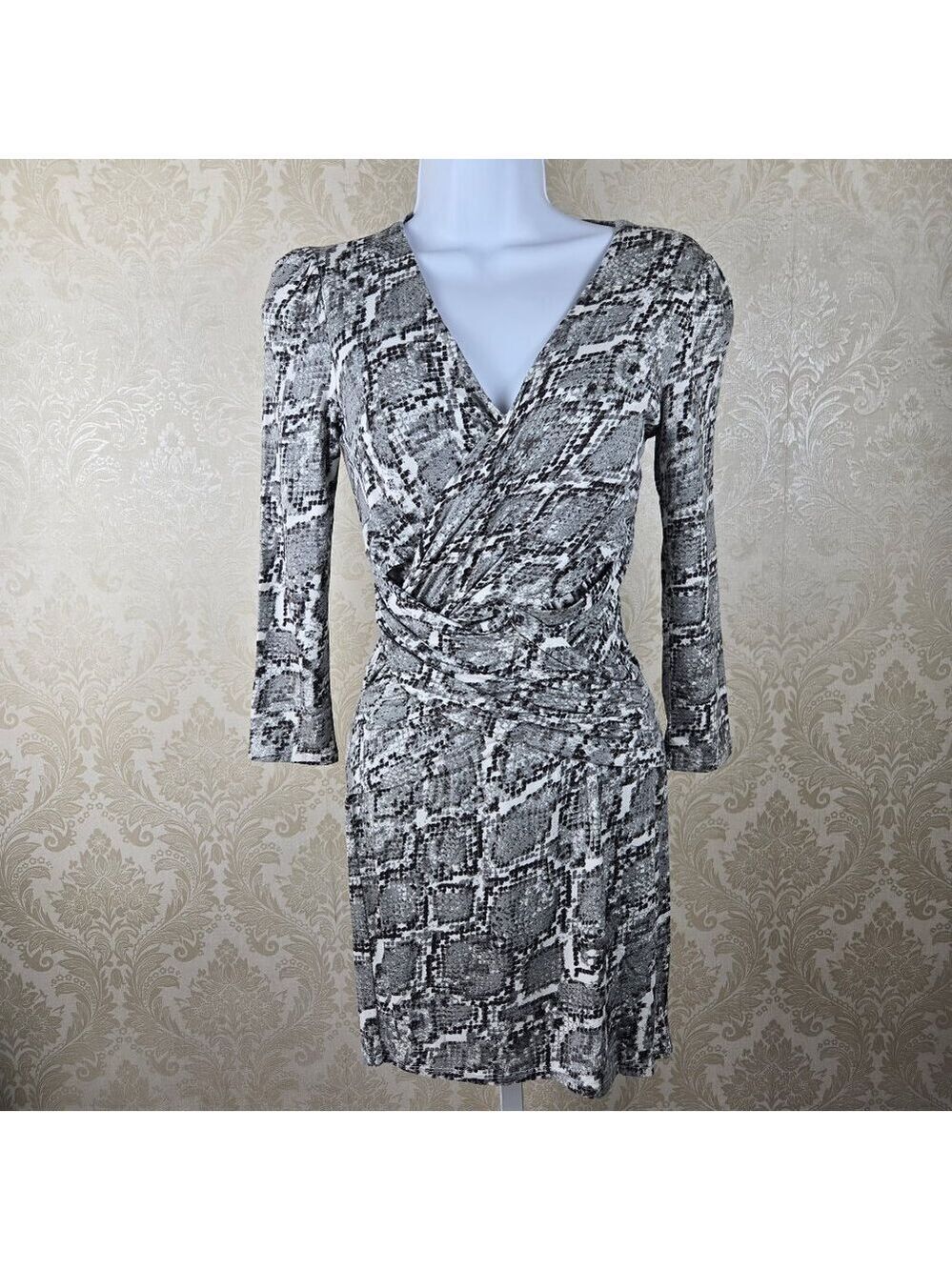 Armani Exchange Size Small Neutral Toned Snakeprint Dress 3/4 Sleeve V-neck